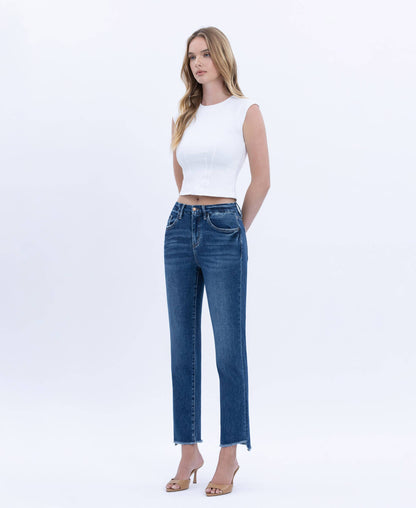 High Rise Raw Slant Hem Slim Straight Jeans