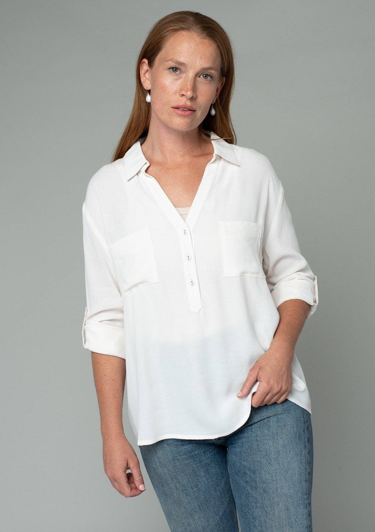 Collared Roll-Up Long Sleeve Button Front Blouse