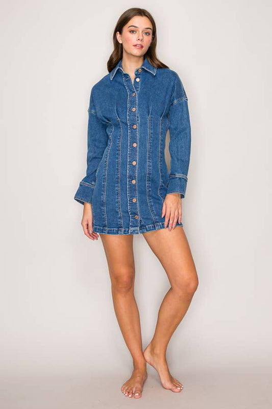 LONG SLEEVE BUTTON DOWN DENIM SHORT DRESS