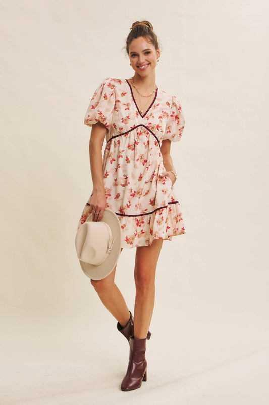 DARLING BUBBLE SLEEVED MINI DRESS WITH CONTRAST BOW