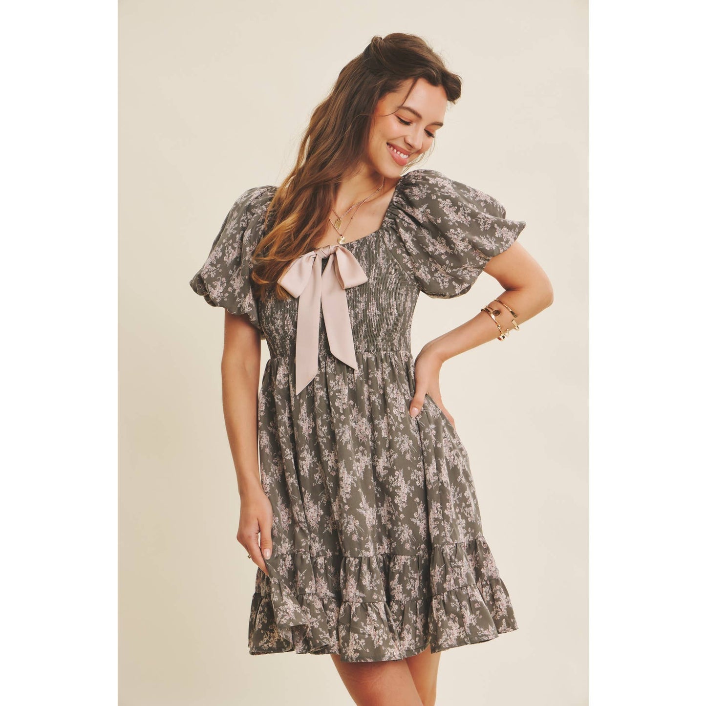 Floral Smocked Mini Dress With Bow