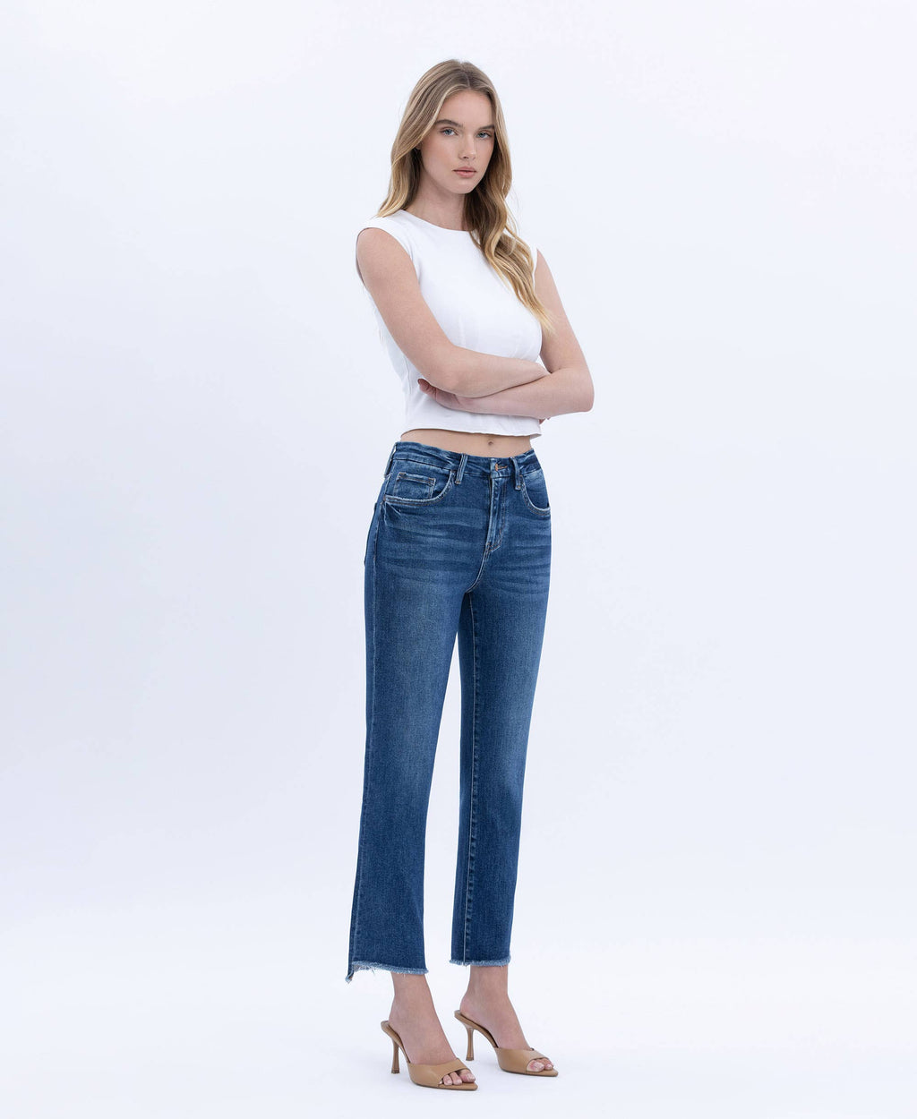 Flying Monkey High Rise Raw Slant Hem Slim Straight Jeans