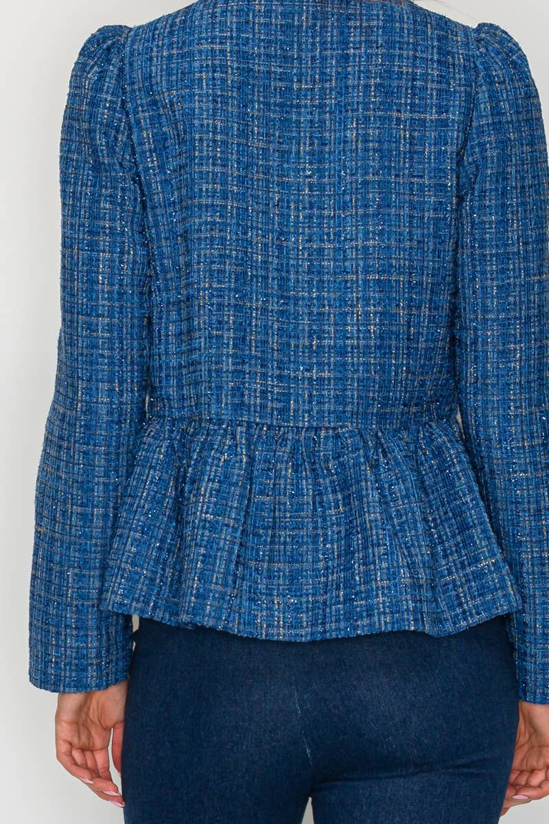 Classic Boucle Peplum Jacket in Denim Blue - LWJ1172