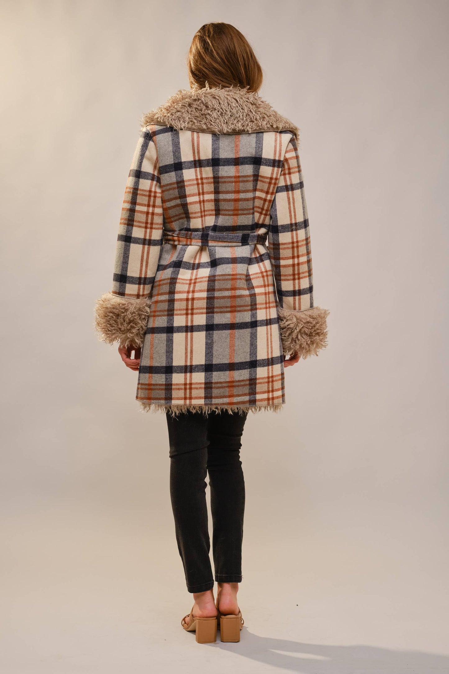 Plaid Fur Belted Coat
