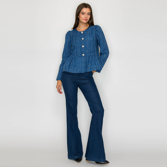 Classic Boucle Peplum Jacket in Denim Blue - LWJ1172