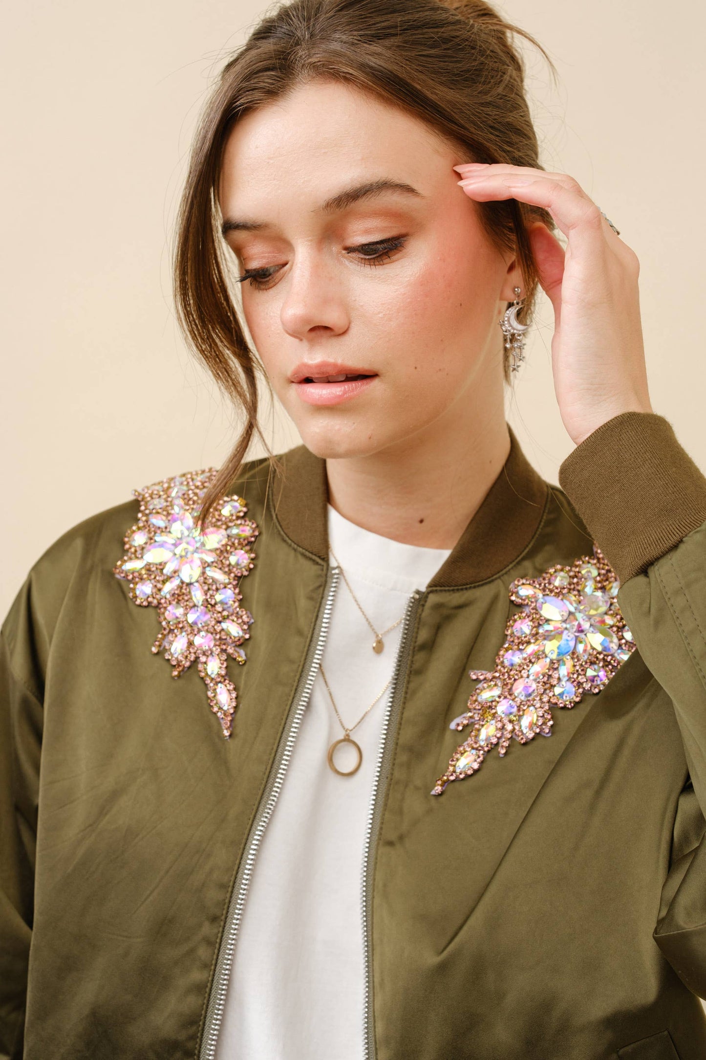 22872J - Jeweled Embellished Bomber Jacket