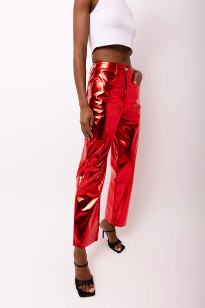 Lupe Straight Faux Leather Metallic Pants