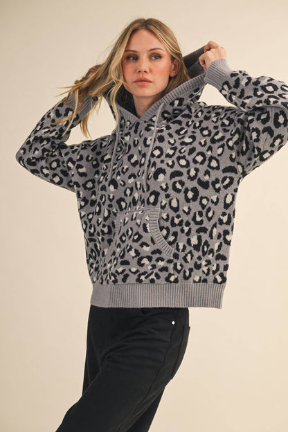 IT4423 LEOPARD FRONT POCKET HOODIE SWEATER TOP