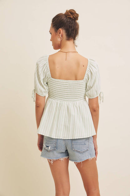 MADE FOR SUNSHINE, TEXTURED STRIPE BABYDOLL TOP WITH BOWS