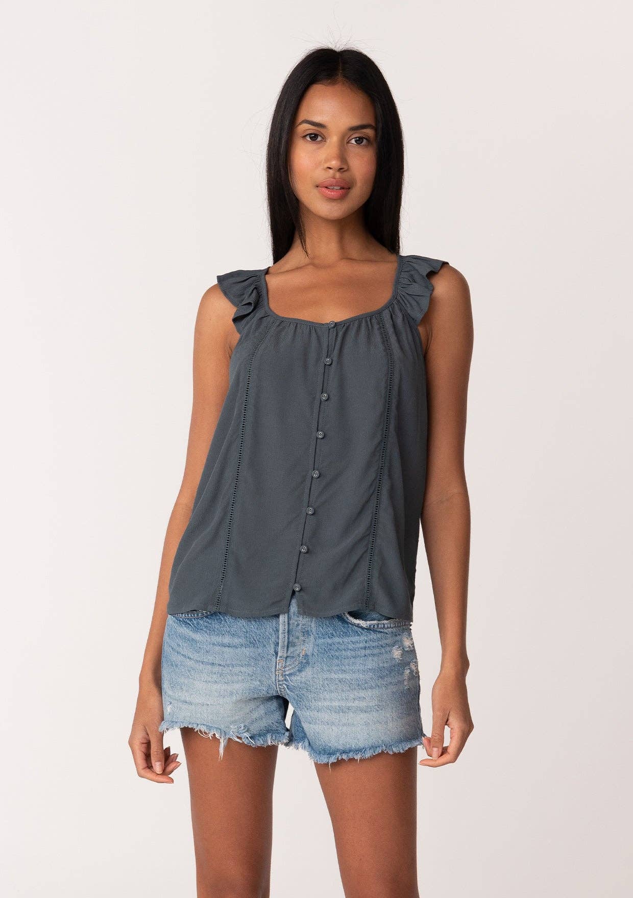 Ruffle Strap Button Down Tank