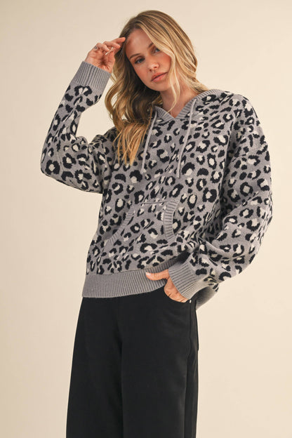 IT4423 LEOPARD FRONT POCKET HOODIE SWEATER TOP