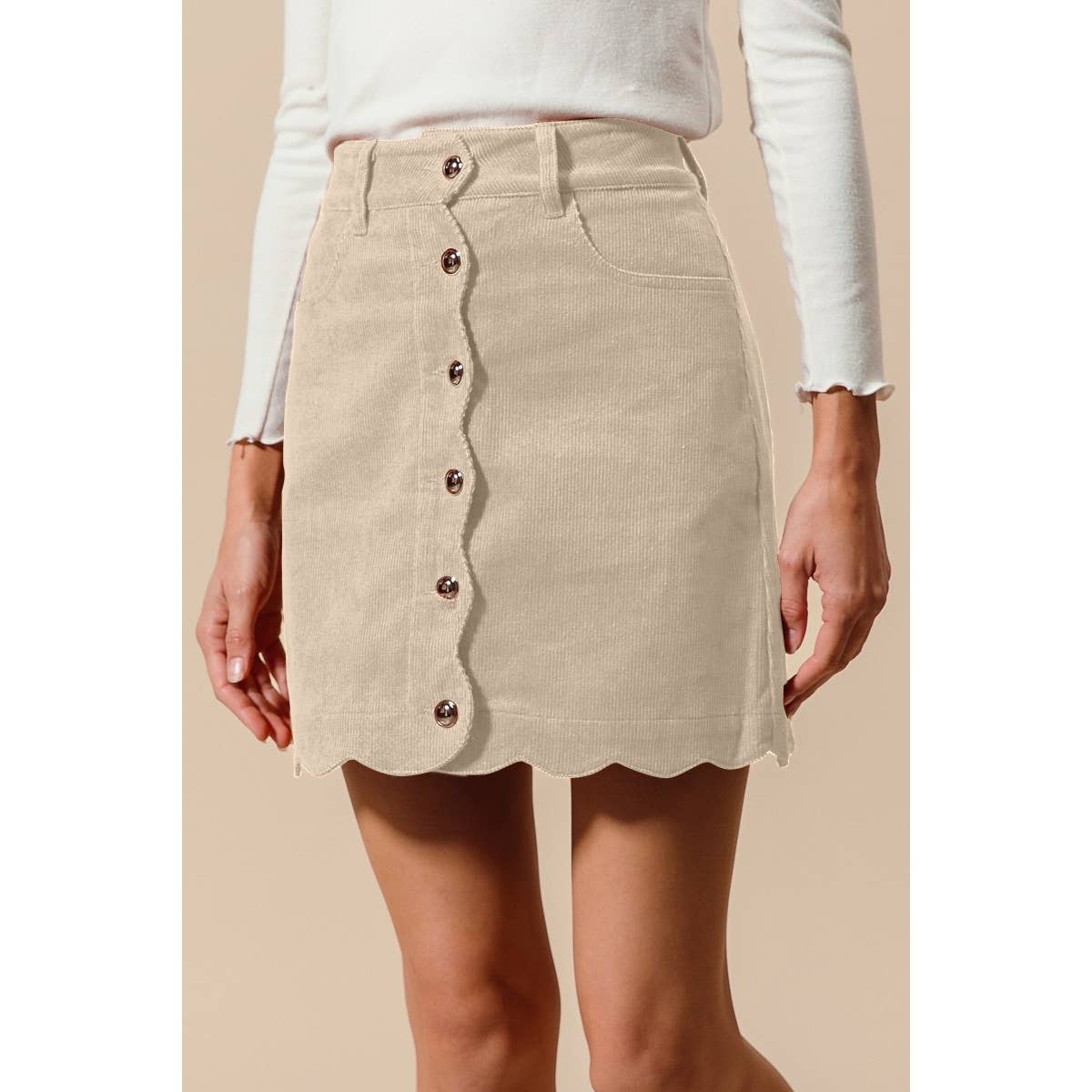 Scallop Buttoned Front Corduroy Mini Skirt