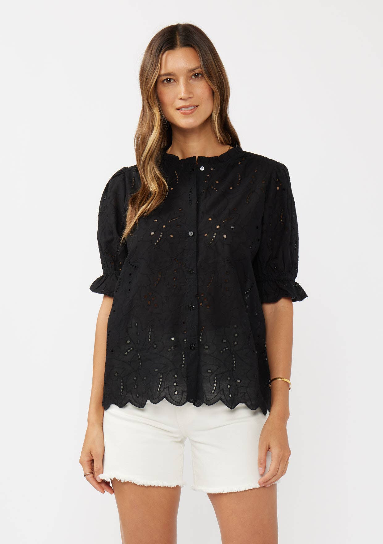 Black Eyelet Cotton Button Up Top