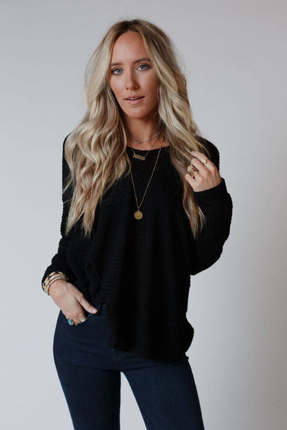 Flattering Open Back Fall Thermal Knit Top - Black