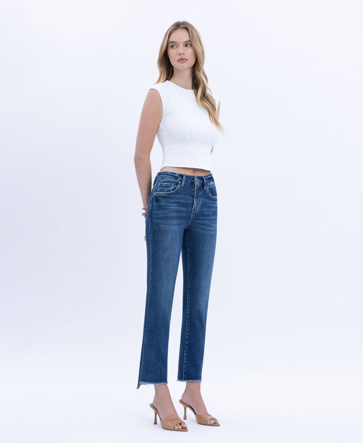 High Rise Raw Slant Hem Slim Straight Jeans