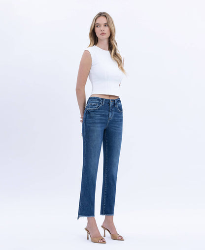 High Rise Raw Slant Hem Slim Straight Jeans