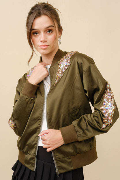 22872J - Jeweled Embellished Bomber Jacket