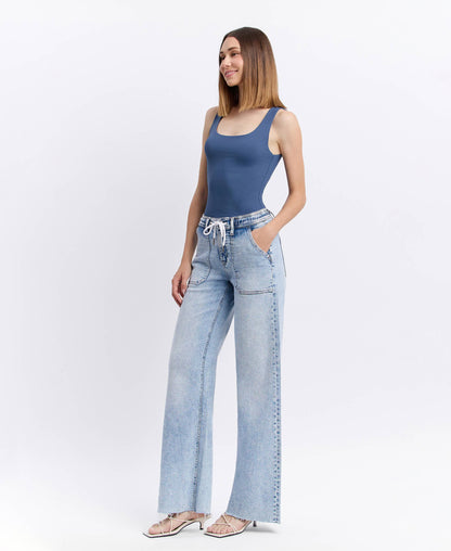 Flying Monkey- High Rise Drawstring Waistband Wide Leg Jeans