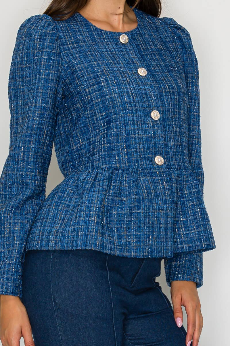 Classic Boucle Peplum Jacket in Denim Blue - LWJ1172