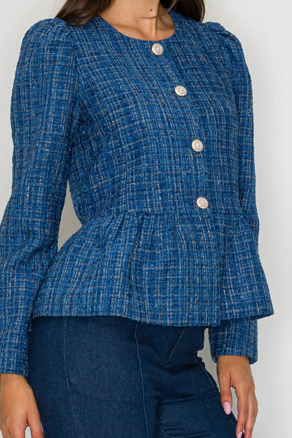 Classic Boucle Peplum Jacket in Denim Blue - LWJ1172