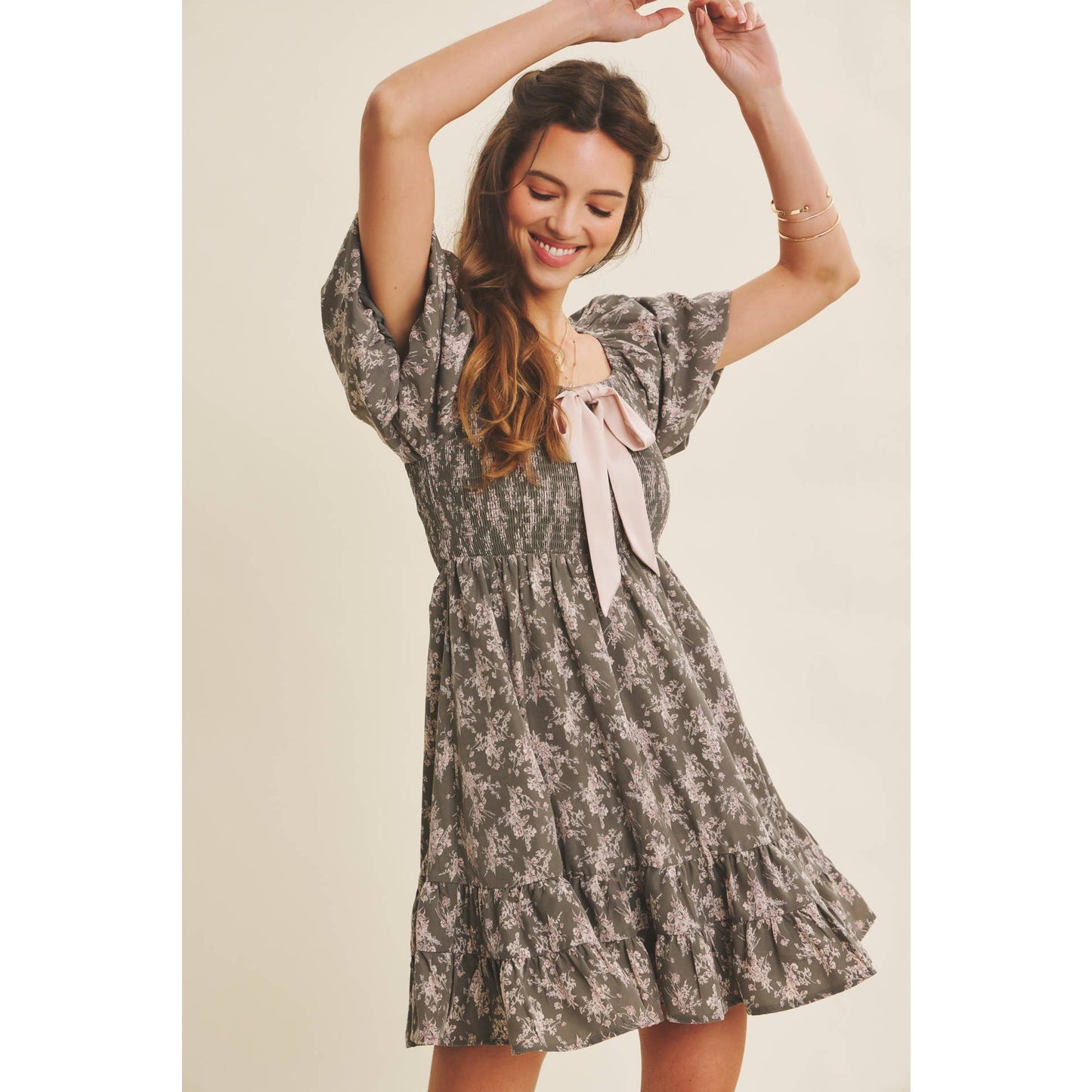 Floral Smocked Mini Dress With Bow