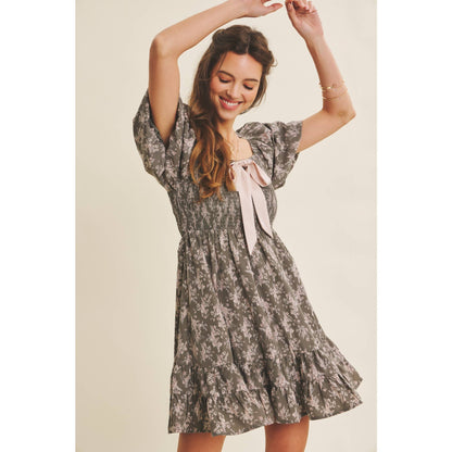 Floral Smocked Mini Dress With Bow