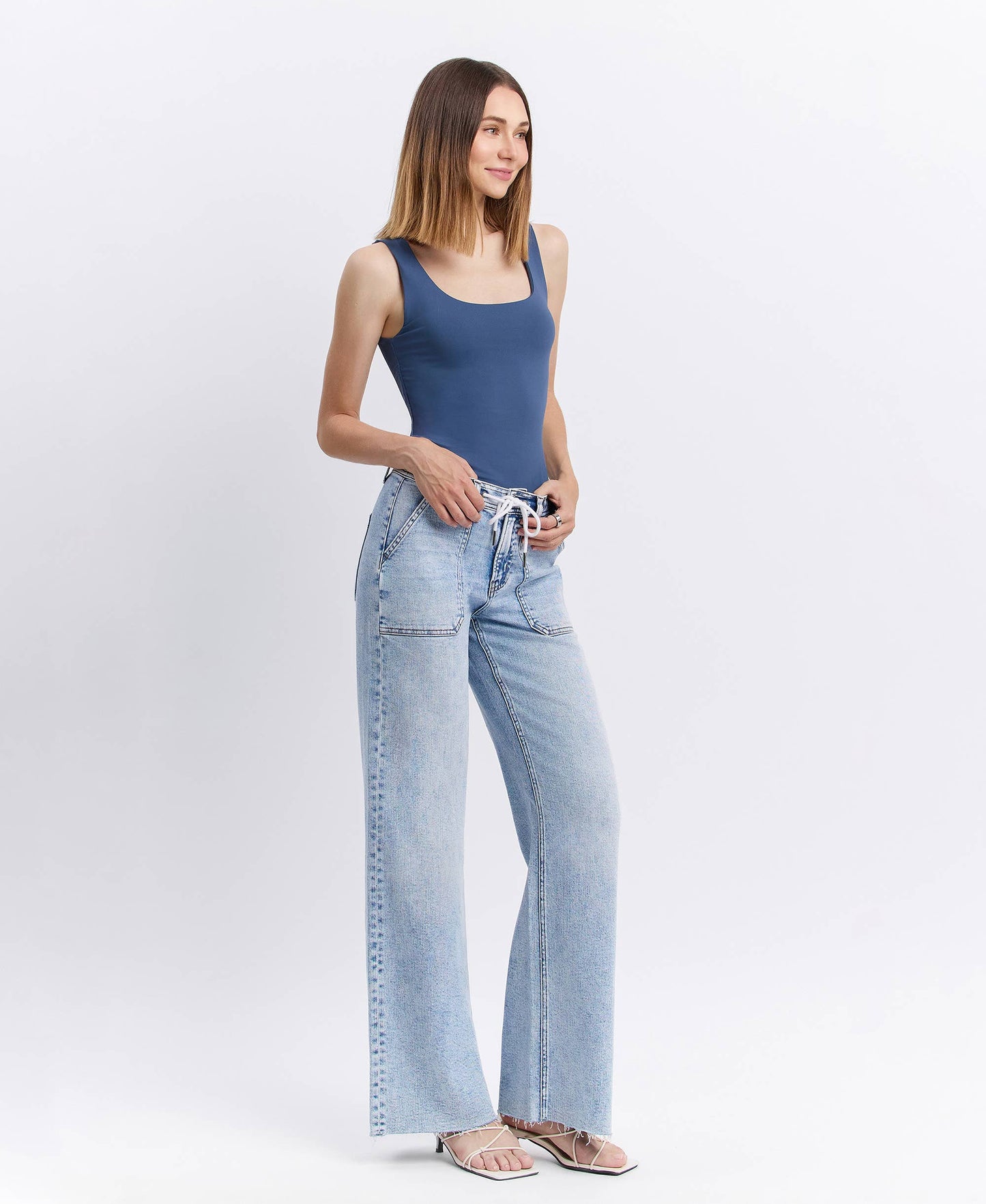 Flying Monkey- High Rise Drawstring Waistband Wide Leg Jeans