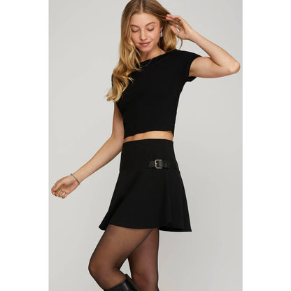 Flared Heavy Knit Mini Skirt w_Side Belted Strap