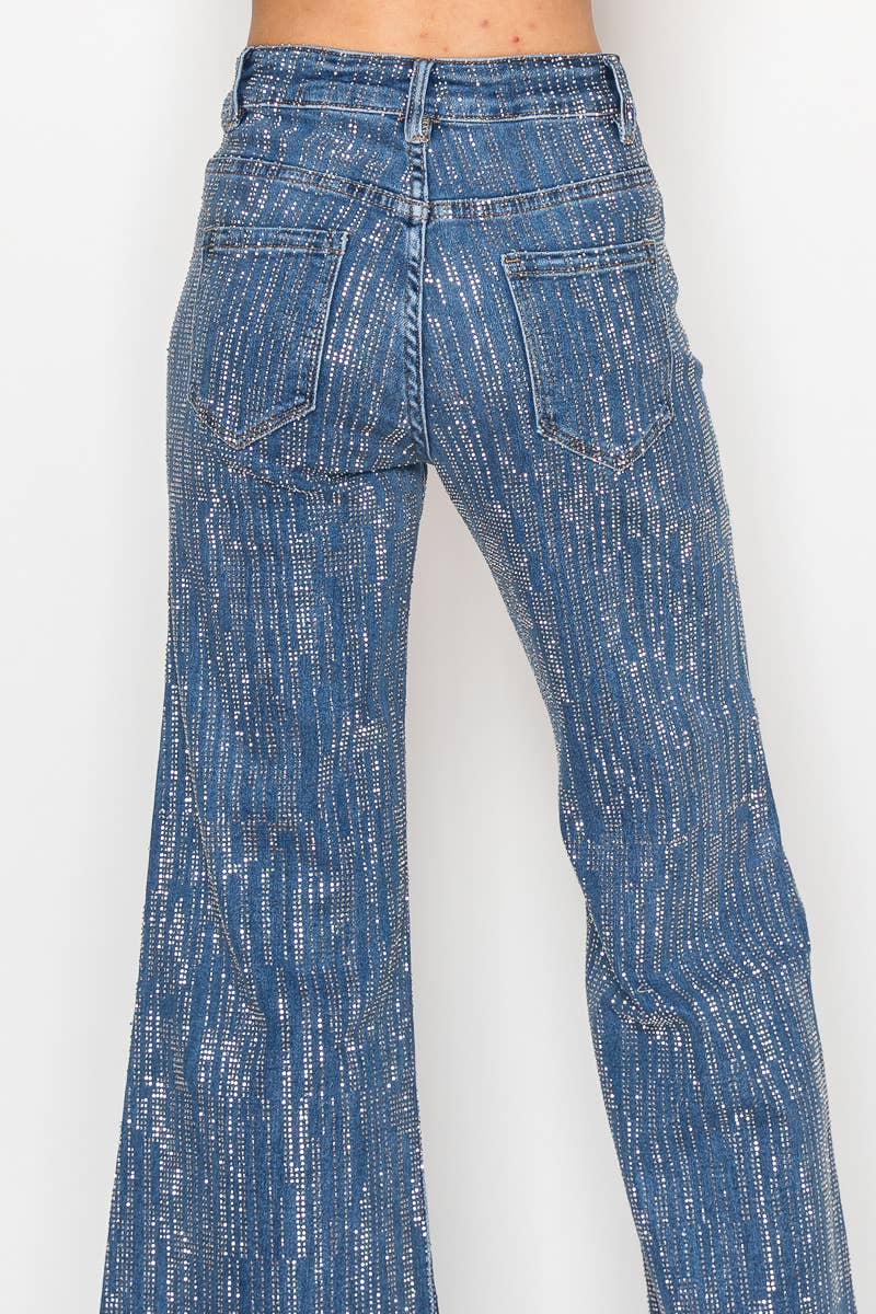 NR2322 - Stone embellished 5 pocket blue denim wide leg jean