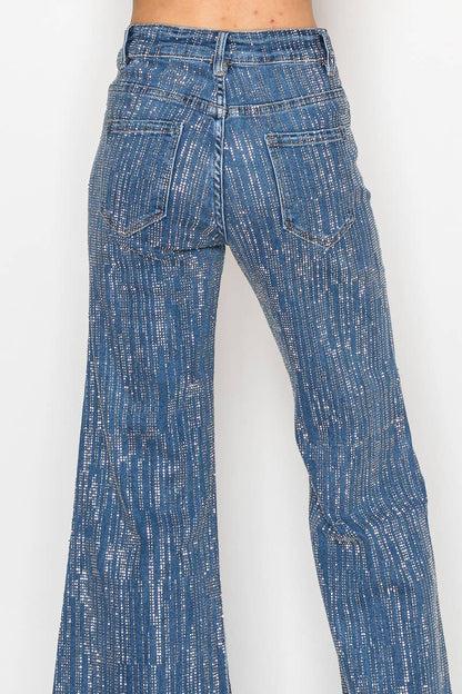 NR2322 - Stone embellished 5 pocket blue denim wide leg jean