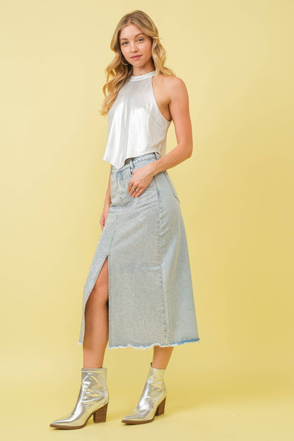 Sparkle Studded Slit Center Midi Skirt