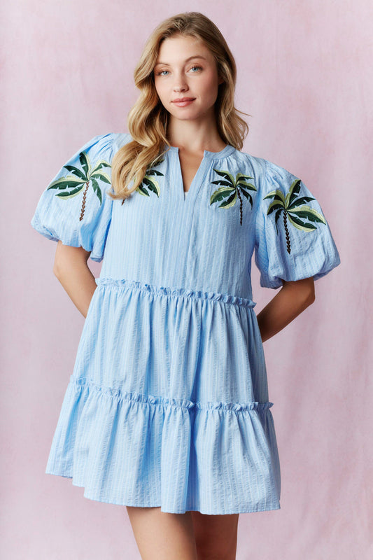 Peach Love Palm Tree Bubble Sleeve Mini Dress
