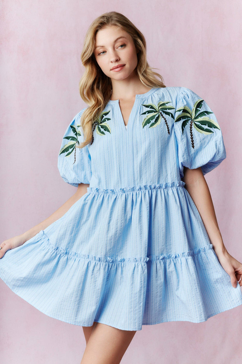 Peach Love Palm Tree Blue White Stripe Mini Dress