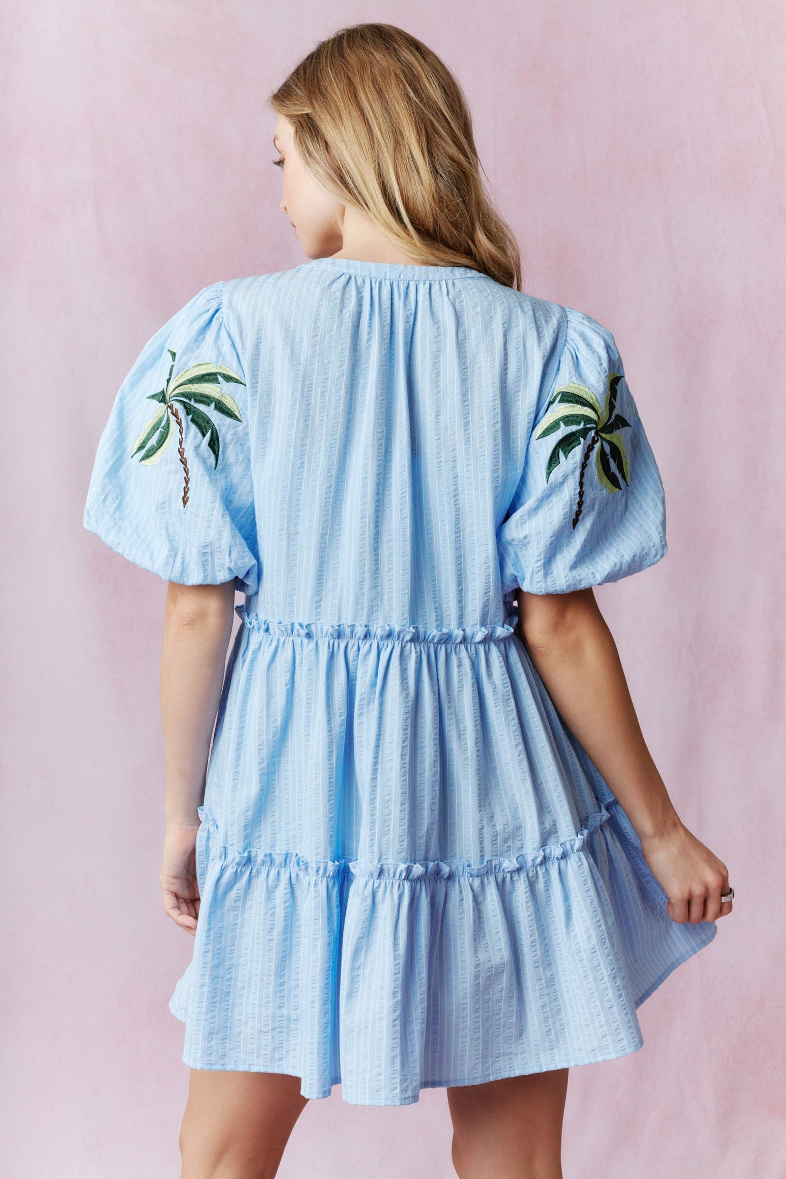 Peach Love Palm Tree Blue White Stripe Mini Dress