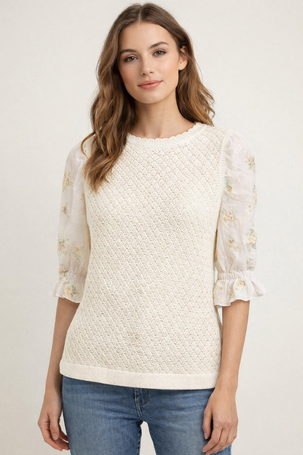 Macie Embroidered Sleeve Crochet Sweater