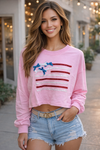 America in Pink Sparkly Flag Crop Long Sleeve T