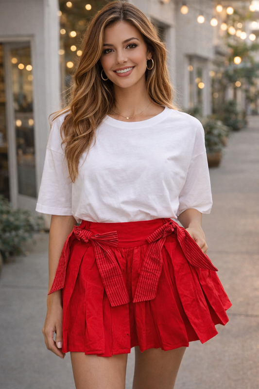 Peach Love Cotton Poplin Bow Bubble Hem Mini Skirt