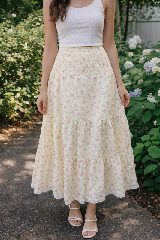Peach Love Eyelet Lace Flower Print Skirt